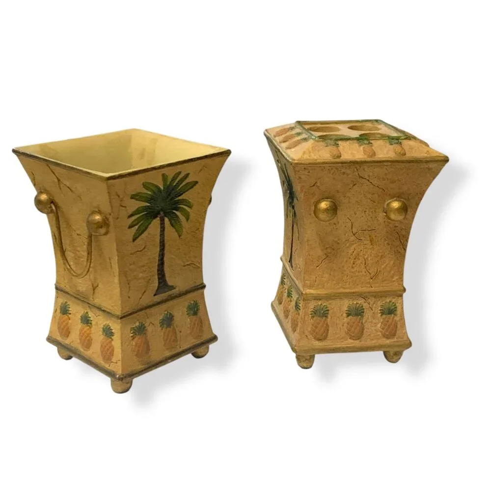 Palm Tree Pineapple Tooth Brush Holder & Cup Tropical‎ Decor MCM Y2K